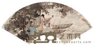 傅抱石 1947年作 泛舟琴音 扇面镜心 20X54.5cm